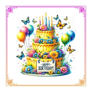 Aquarelle joyeux jaune magique joyeux anniversaire gâteau bougies ballons papillon Clipart PNG SVG téléchargement numérique pour cartes cadeau art mural
