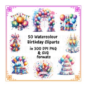 50 aquarel gelukkige verjaardag bundel collectie cliparts PNG SVG digitale download perfect voor uitnodigingskaarten cadeau muur kunst commercieel gebruik
