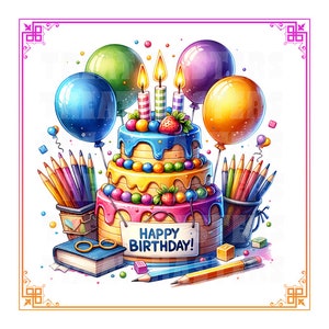 Insegnante Buon Compleanno Torta Scuola Candele Palloncini Matite Libri Clipart PNG SVG Download digitale per carte Regalo Arte Sublimazione Design