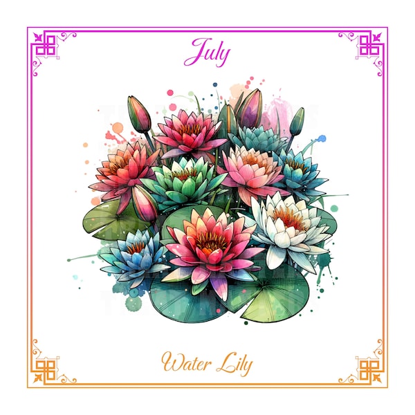 July Birth Month Flower Watercolour Clipart PNG SVG Image Water Lily Bouquet Floral Birthday Lover Mothers Gift Botanical Digital Download