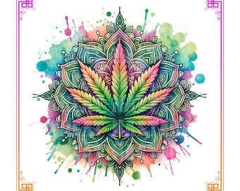 Watercolor Marijuana Leaf Mandala, Stoner Art (PNG, SVG)