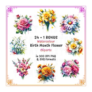 25 Bundle de fleurs aquarelle mois de naissance, Images Clipart PNG SVG fichiers de téléchargement numérique anniversaire Floral amoureux cadeau botanique Rose jonquille
