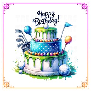 Aquarelle pour amateur de golf rêve de gâteau d'anniversaire en téléchargement numérique fichier SVG PNG pour une célébration sur le thème du golf bricolage, parfait pour les amateurs de golf