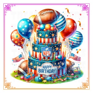 American Football Happy Birthday Soccer Cake Watercolor Sport Present Clipart Candles Balloons PNG SVG Digital Download For Gift Wall Art