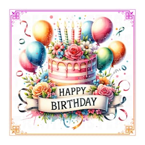 Nueva acuarela feliz cumpleaños pastel velas globos flores clipart PNG SVG Descarga digital Tarjetas de invitación regalo pared arte uso comercial