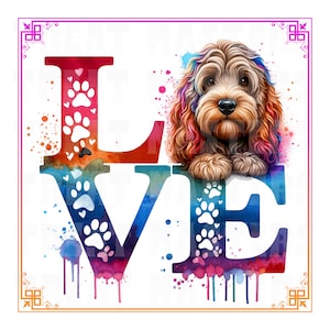 Puede incluir: Una ilustración de acuarela de la palabra "LOVE" con huellas de patas y corazones. Un perro marrón y blanco con pelaje arcoíris asoma por encima de la letra "E".