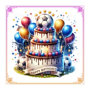 Football Happy Birthday Soccer Cake Watercolor Mens Sport Present Clipart Candles Balloons PNG SVG Digital Download For Cards Gift Wall Art