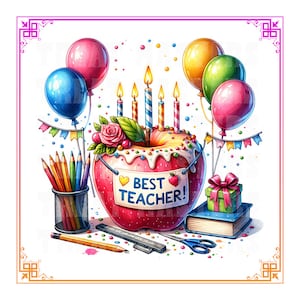 Mejor Maestro Apple Feliz Cumpleaños Pastel Escuela Velas Globos Lápices Libros Clipart PNG SVG Descarga Digital para Tarjetas Regalo Arte Sublimación