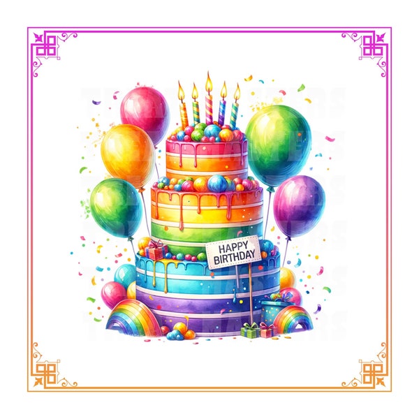 Clipart de bolo de aniversário com arco-íris em aquarela, PNG e SVG (Download digital)