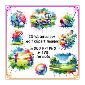 20 aquarel golf clipart collectie bundel golf minnaar cadeau club bal tee tas kar PNG SVG-afbeeldingen commercieel gebruik Digi downloaden kaarten kunst