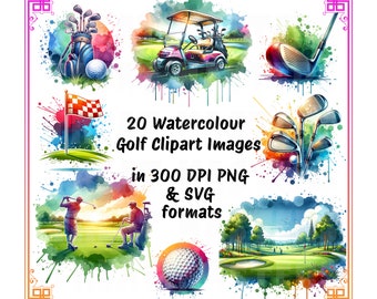 20 Watercolour Golf Clipart Collection Bundle Golf Lover Gift Club Ball Tee Bag Cart PNG SVG Graphics Commercial Use Digi Download Cards Art