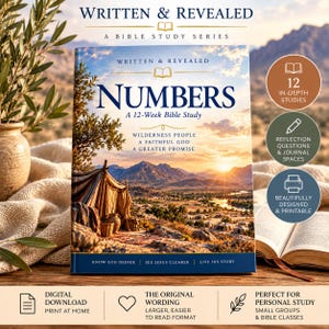 May include: A book titled Written & Revealed: Numbers, A 12-Week Bible Study. The cover features a desert landscape with tents, mountains, and a sunset. Text includes Wilderness People, A Faithful God, A Greater Promise, and Know God Deeper, See Jesus Clearer, Live His Story.