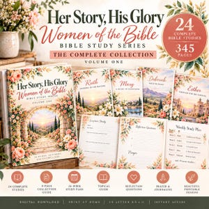 Op de afbeelding: Een digitale Bijbelstudiecollectie getiteld Her Story, His Glory Women of the Bible Volume One. De set bevat 24 studies over 345 pagina's, met bloemrijke covers, pagina's voor Bijbelstudie, reflectievragen en een wekelijks studieplan.