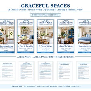 以下が含まれることがあります： Graceful Spaces: A Christian Guide to Decluttering, Organizing & Creating a Peaceful Homeというタイトルの5冊のデジタルブックコレクション。5つのブックカバー、ページプレビュー、印刷可能なPDF、および家庭向けのガイダンスが含まれています。