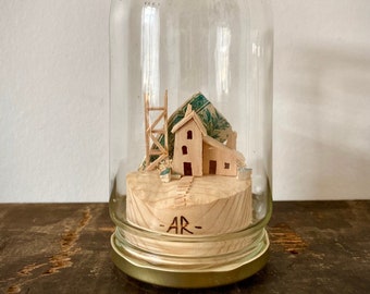 Night light in a jar for a unique gift with miniature cabin and customizable decor