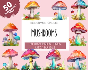50 Grzyby Clipart Bundle Akwarela Grzyb Przezroczysty PNG Okultystyczne Grzyby Ładny Las Natura Muchomor Użytek Komercyjny Grafika Cyfrowa