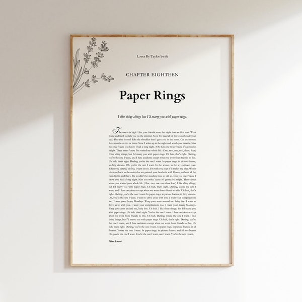 Paper Rings Lyrics Digital Print | Lover By Taylor Swift | Vintage minimalist printable gallery wall art | Swiftie gift bedroom dorm decor