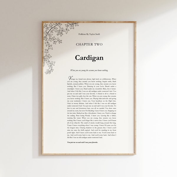 Cardigan Lyrics Digital Print | Folklore Taylor Swift | Vintage minimalist printable gallery wall art | Swiftie gift bedroom or dorm decor