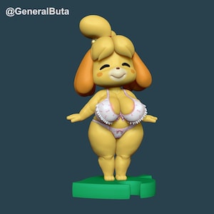 May include: A yellow figurine of a cartoon character wearing a white and pink bikini. The figurine has a smiling face and is standing on a green base. The text "@GeneralButa" is in the top left corner.