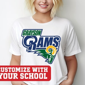 May include: White t-shirt with a blue and green graphic of a ram's head with the text "Grayson Rams".