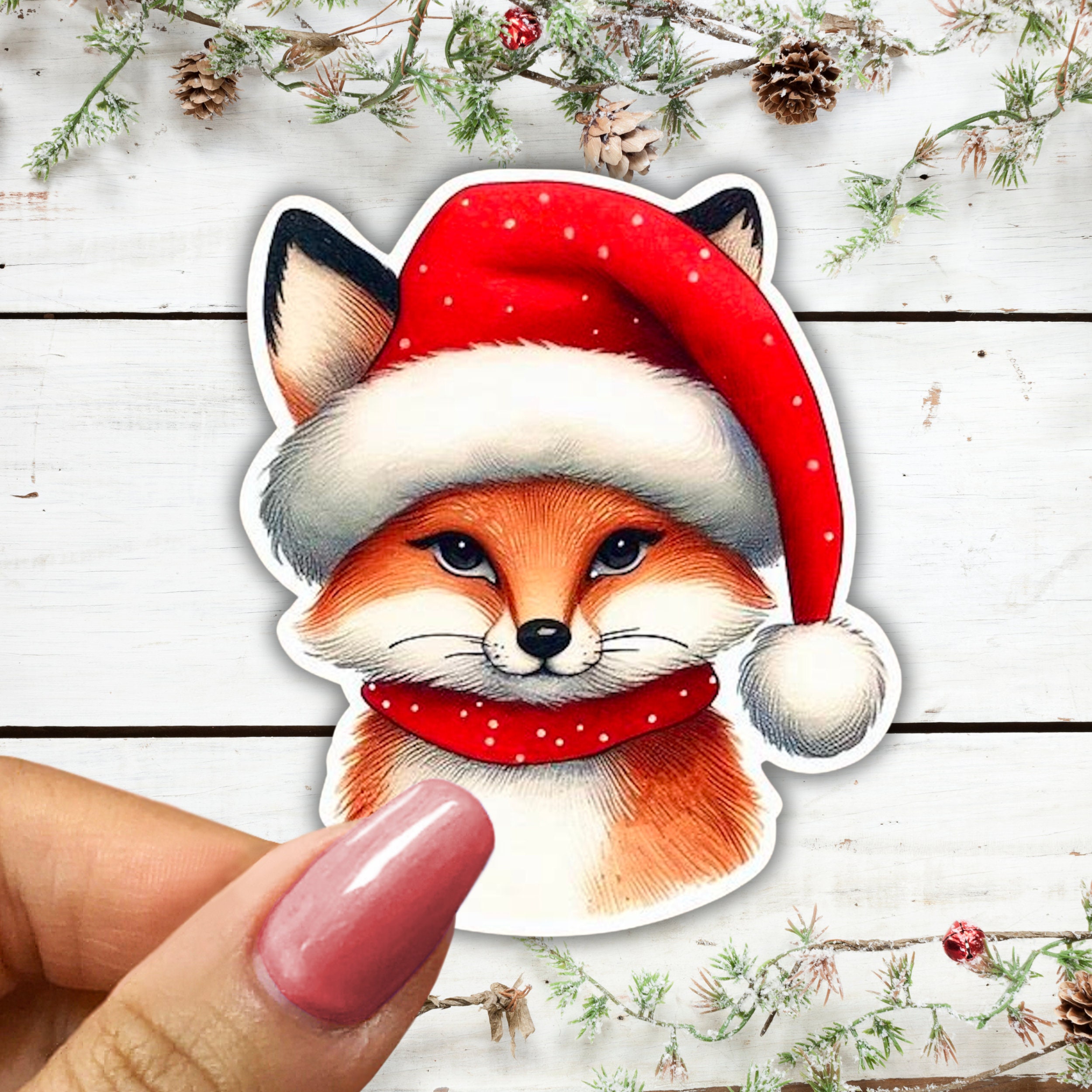 Happy Fox in Santa Hat Christmas Sticker, Christmas Decor