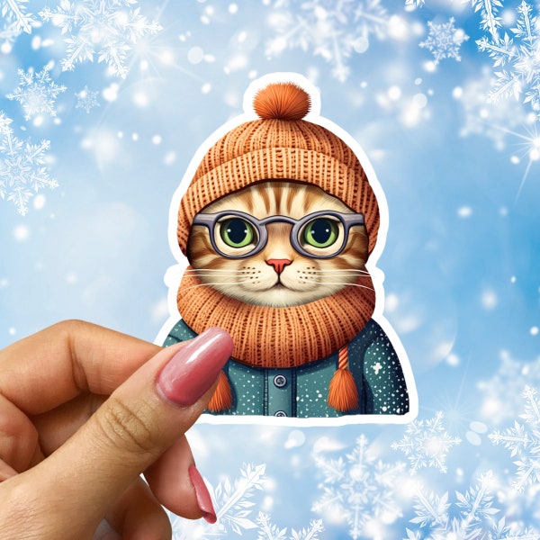 Cozy Cat in Knit Cap with Glasses Sticker - Cute Cat Lover Gift, Phone Sticker, Stocking Stuffer for Cat Mom, Cat Dad, Kids