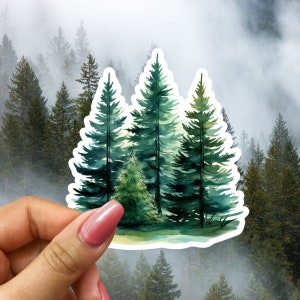 May include: Watercolor sticker of a group of pine trees in a forest setting. The trees are green and have a watercolor effect. The sticker is perfect for adding a touch of nature to your belongings.