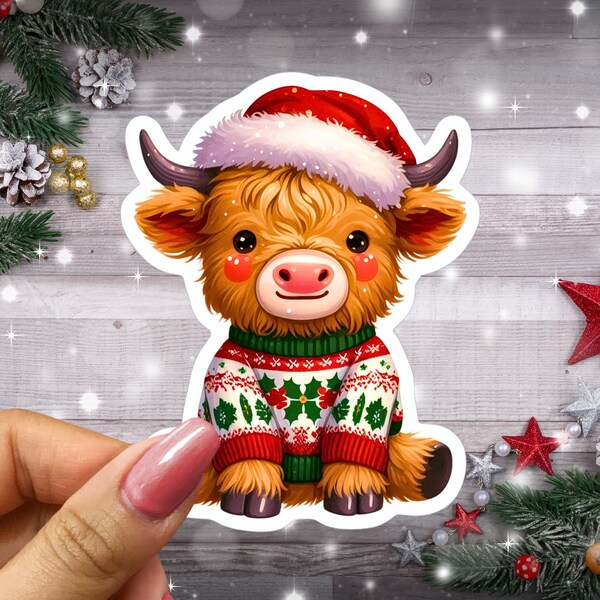 Baby Highland Cow Christmas Sticker, Adorable Calf in Santa Hat & Christmas Sweater, Gifts for mom, stocking stuffers for kids,