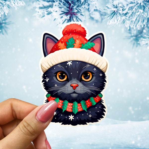 Cozy Black Cat in Knit Cap Sticker - Cute Cat Lover Gift
