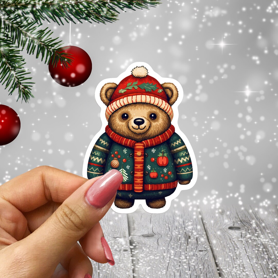 Bear in Knit Cap and Sweater Sticker - Cute Winter Bear Holiday Sticker ...