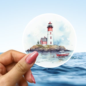 May include: A watercolor painting of a red and white lighthouse on a rocky island with a small red boat in the water. The sky is blue with white clouds.