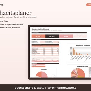 Op de afbeelding: Een digitaal sjabloon voor een bruiloftsplanner en budgettracker weergegeven op een scherm. De interface bevat een dashboard met tabellen, grafieken en diagrammen voor het bijhouden van uitgaven, gastenlijsten en de RSVP-status.