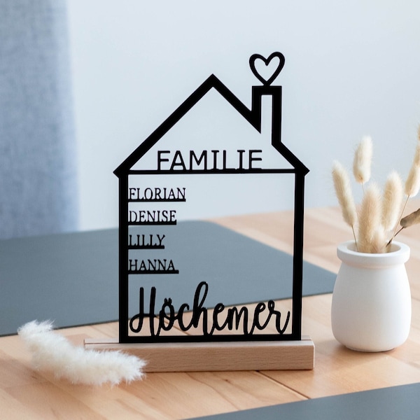 Familienschild personalisiert Vatertag Deko Aufsteller Haus mit Namen Häuschen Geschenk Muttertag Hochzeit Geburtstag Eingangsbereich Deko