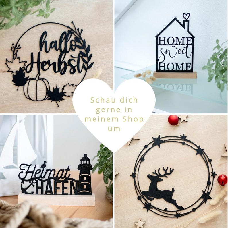 K&ouml;nnte beinhalten: Eine Zusammenstellung von vier schwarzen, lasergeschnittenen Dekoschildern. Eines zeigt einen K&uuml;rbis und Bl&auml;tter mit dem Text "hallo Herbst", eines eine Hausform mit "HOME sweet HOME", eines einen Leuchtturm mit "Heimat HAFEN" und eines ein Rentier mit Sternen.