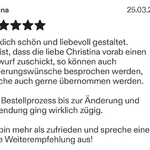 K&ouml;nnte beinhalten: Eine Kundenbewertung von Marina vom 25.03.2025 mit f&uuml;nf schwarzen Sternen. Der Text ist auf Deutsch verfasst und dr&uuml;ckt Zufriedenheit mit dem Gestaltungsprozess, dem Entwurf, der Kommunikation bei &Auml;nderungsw&uuml;nschen und der schnellen Lieferung aus.
