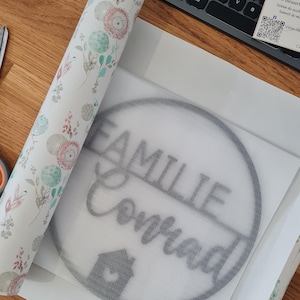 K&ouml;nnte beinhalten: Ein kreisf&ouml;rmiges graues Wandschild mit dem Text FAMILIE Conrad und einem kleinen Haussymbol, platziert auf wei&szlig;em Schutzpapier neben einer Rolle Geschenkpapier mit einem Muster aus rosa und gr&uuml;nen Bl&uuml;tenkugeln und Bl&auml;ttern.