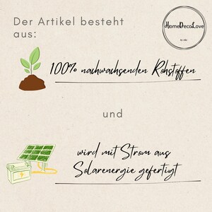 K&ouml;nnte beinhalten: Eine Infografik mit dem HomeDecoLove-Logo, einem gr&uuml;nen Pflanzensymbol mit dem Text 100% nachwachsenden Rohstoffen sowie einem Solarpanel- und Batteriesymbol mit dem Text wird mit Strom aus Solarenergie gefertigt.