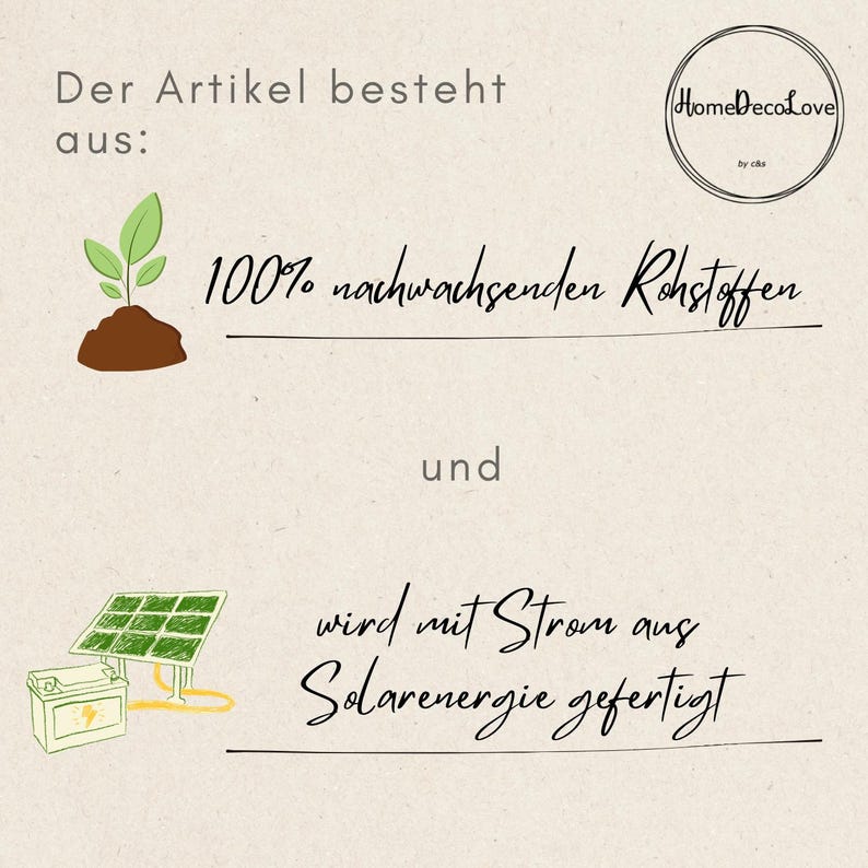 K&ouml;nnte beinhalten: Eine Infografik mit dem HomeDecoLove-Logo, einem gr&uuml;nen Pflanzensymbol mit dem Text 100% nachwachsenden Rohstoffen sowie einem Solarpanel- und Batteriesymbol mit dem Text wird mit Strom aus Solarenergie gefertigt.