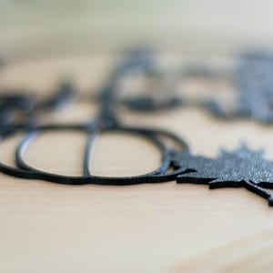 Op de afbeelding: Een zwart, plat, lasergesneden silhouet in de vorm van een pompoen en een esdoornblad. Het object heeft een matte textuur en is horizontaal geplaatst, waarbij de gedetailleerde omtrek van de pompoen en de bladranden zichtbaar zijn.