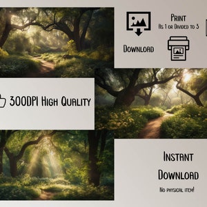 Set of 3 prints nature wall art of a forest with sunshine, serene landscape art, idyllic moody printable, oil painting, watercolor canvas