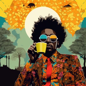 May include: A man with an afro wearing blue and green sunglasses and a colourful patterned jacket holds a yellow mug in his hand.