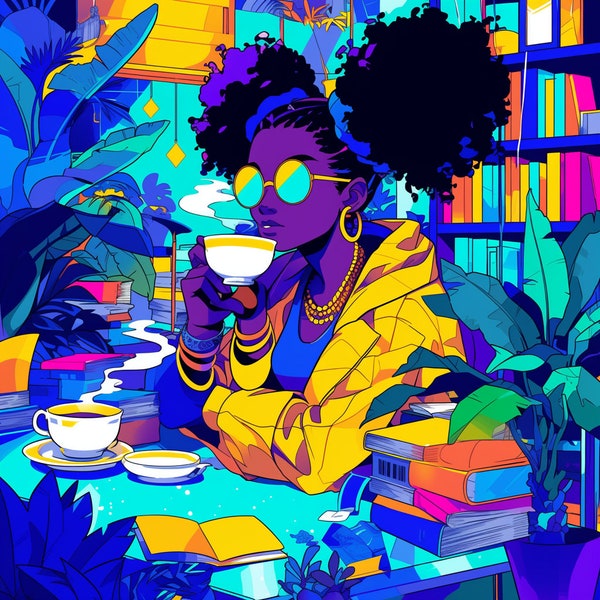 Vibrant Digital Art Print, Afro Woman with Coffee, Colorful Library Setting, Modern Home Decor, Instant Download Wall Art