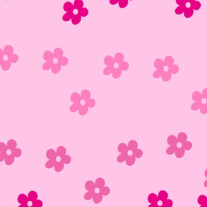 以下が含まれることがあります： ピンクの背景に、ピンクとマゼンタの花が繰り返しパターンで描かれています