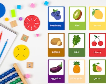 55 Fruit Vegetable Cards | Montessori flashcards | Pre-School Cards | Educational Printable Cards | Instant Download