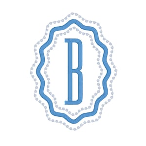 May include: A light blue letter "B" is centered within a decorative oval frame. The frame has a scalloped edge and is outlined with a darker blue border and a dotted white pattern. The background is white.