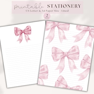 May include: Printable stationery featuring a pink watercolor bow design on lined paper. The paper is US Letter and A4 size. There are two pages included.