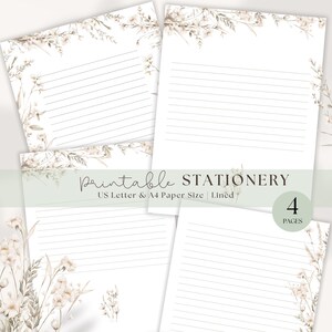 Könnte beinhalten: Vier Blätter liniertes Briefpapier mit floralen Akzenten. Das Briefpapier ist weiß mit einem zarten Blumendesign in den oberen Ecken und an den Seiten. Der Text "Printable Stationery" wird zusammen mit "US Letter & A4 Paper Size | Lined" und "4 Pages" angezeigt.