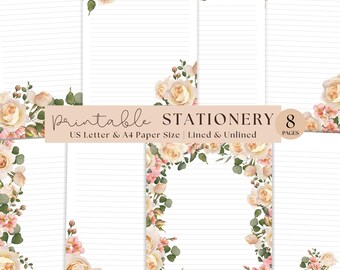 May include: Printable stationery featuring a floral border with white roses and green leaves. The text "Printable Stationery" and "US Letter & A4 Paper Size | Lined & Unlined" is displayed on the page. The number "8" is displayed in a circle with the text "Pages" below it.