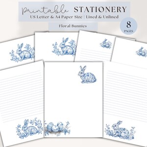 Bunny Easter Writing Paper Stationery Note Lined Toile Floral Paper Unlined Pretty Printable Paper Blue Writing Letter Digital Stationery