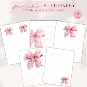 May include: Printable stationery featuring five pages with a pink satin bow design. The pages are lined and designed for US Letter and A4 paper sizes.